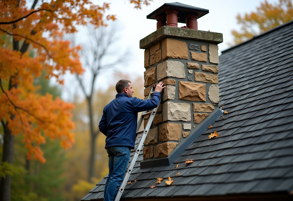 Technician inspecting a fieldstone chimney from a ladder — Seattle
